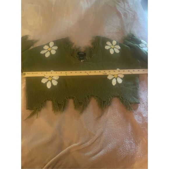 Just Polly Women’s L Hippie Daisy Crop Top Fringe Olive Green Boho - Picture 4 of 7